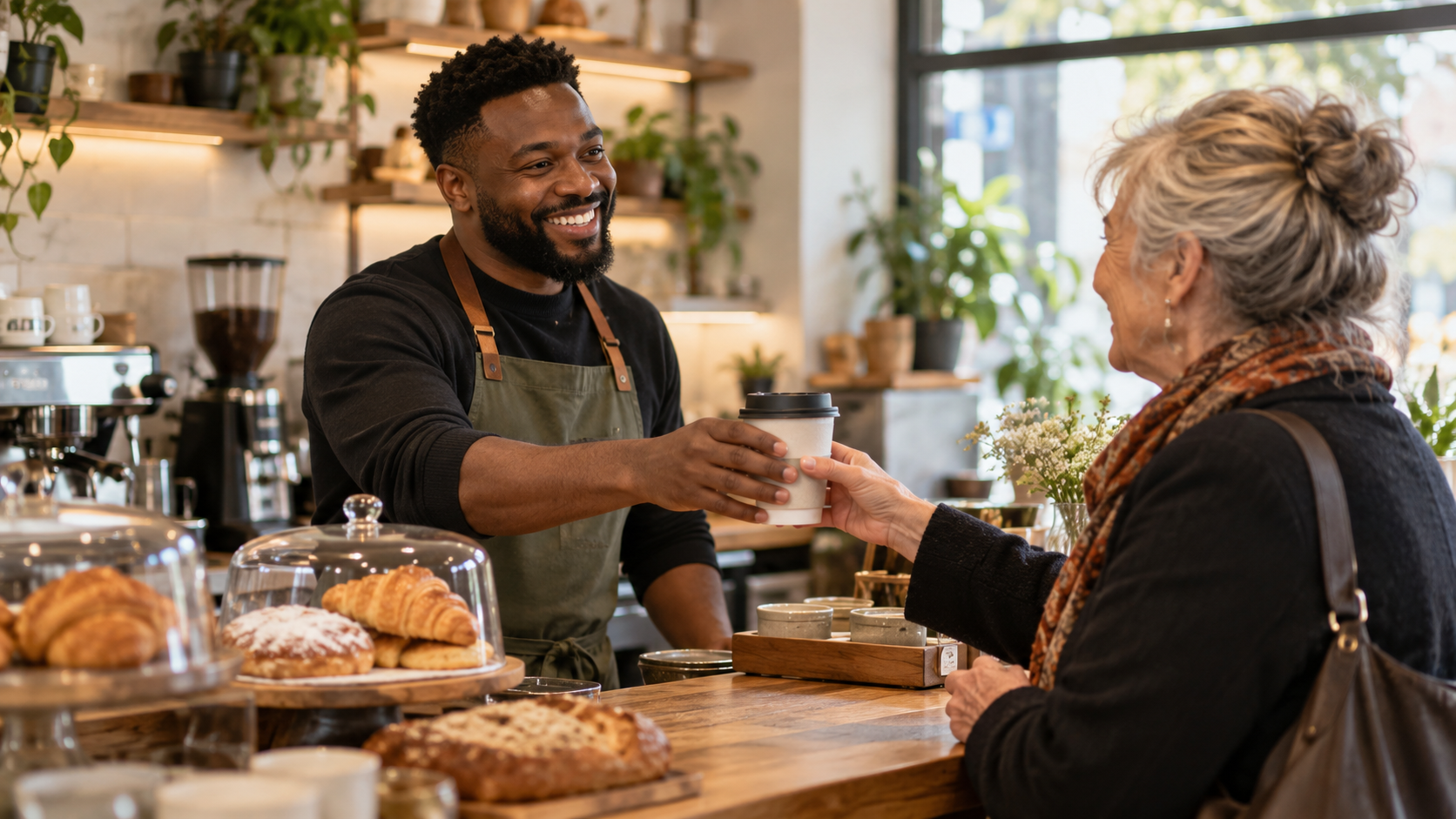 Café owner welcoming a returning customer