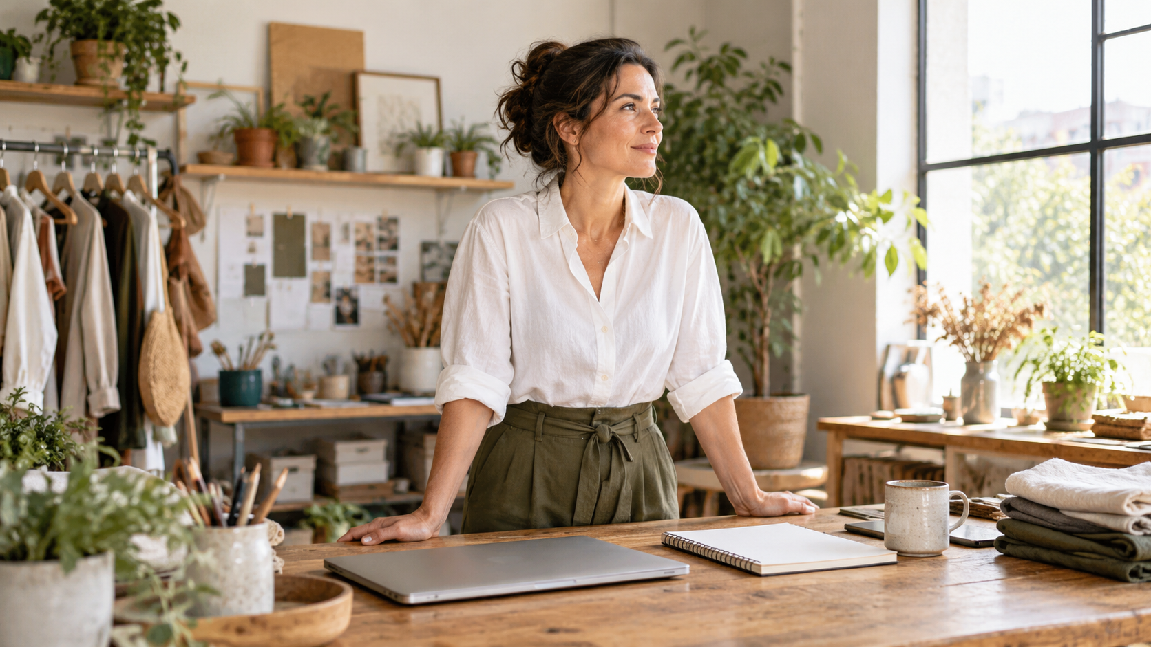 Founder looking ahead with confidence in her small business studio