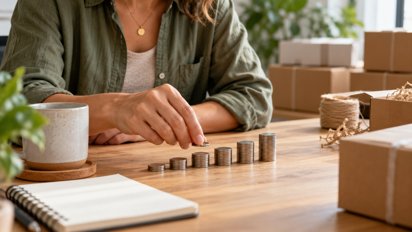 Founder arranging coin stacks at a business packing desk