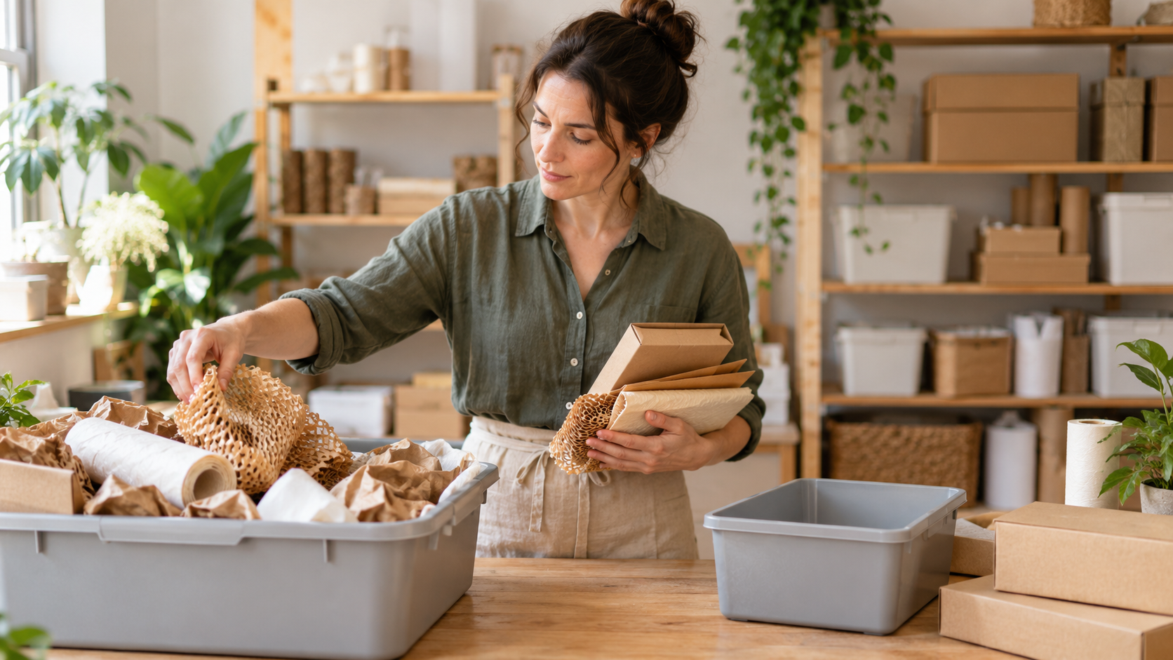 Business owner reviewing packing supplies to reduce waste