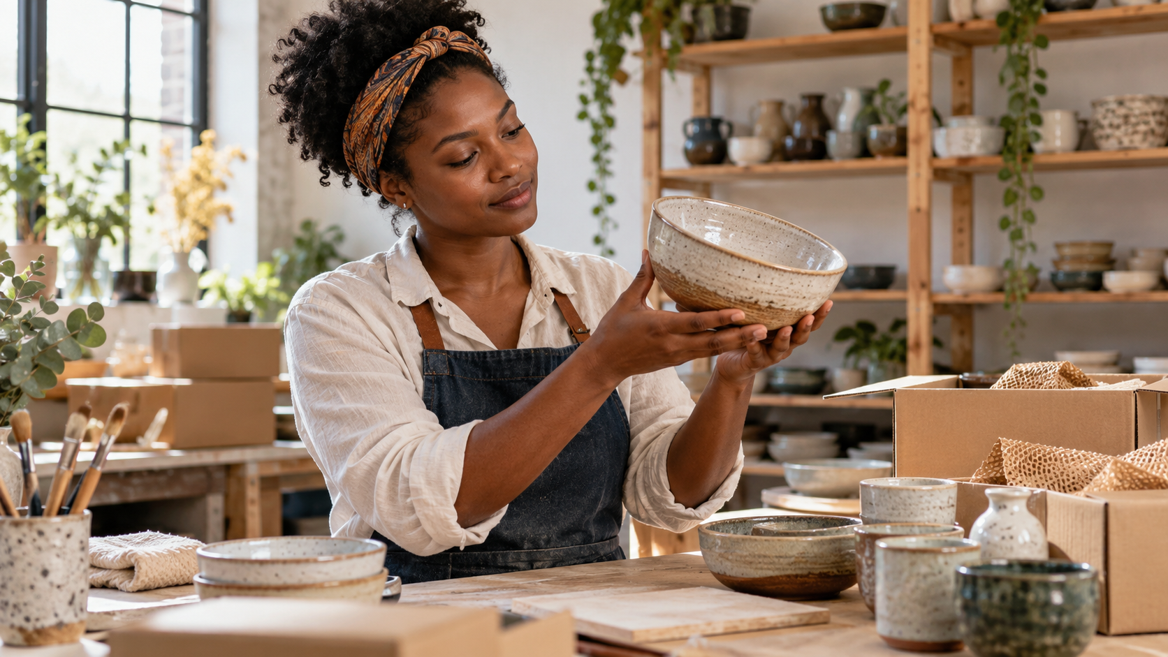 Artisan considering the value of a handmade ceramic bowl