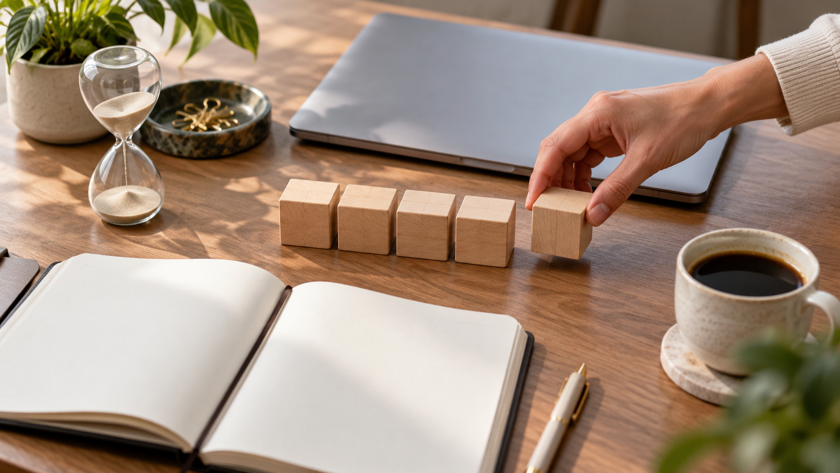 Organised desk with an hourglass and wooden task blocks
