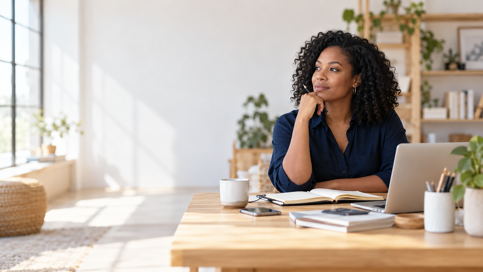 Entrepreneur reflecting at a desk beside a laptop and notebook